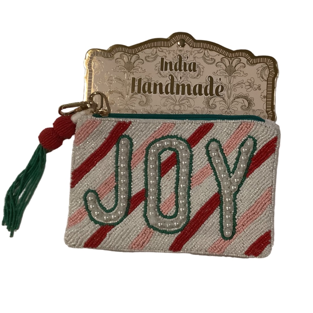 Christmas Beaded JOY Pouch with Tassel New